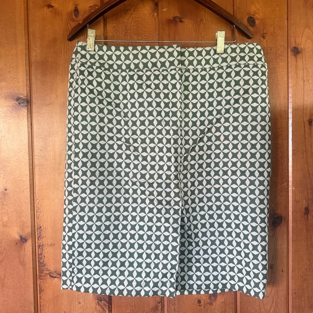 Ann Taylor LOFT Wool Blend Green & Cream Geometric Pattern Pencil Skirt Size 12